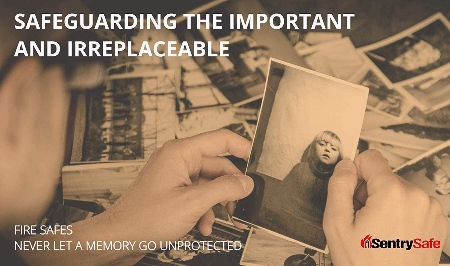 Person holding a vintage photo with text about safeguarding memories and SentrySafe brand.