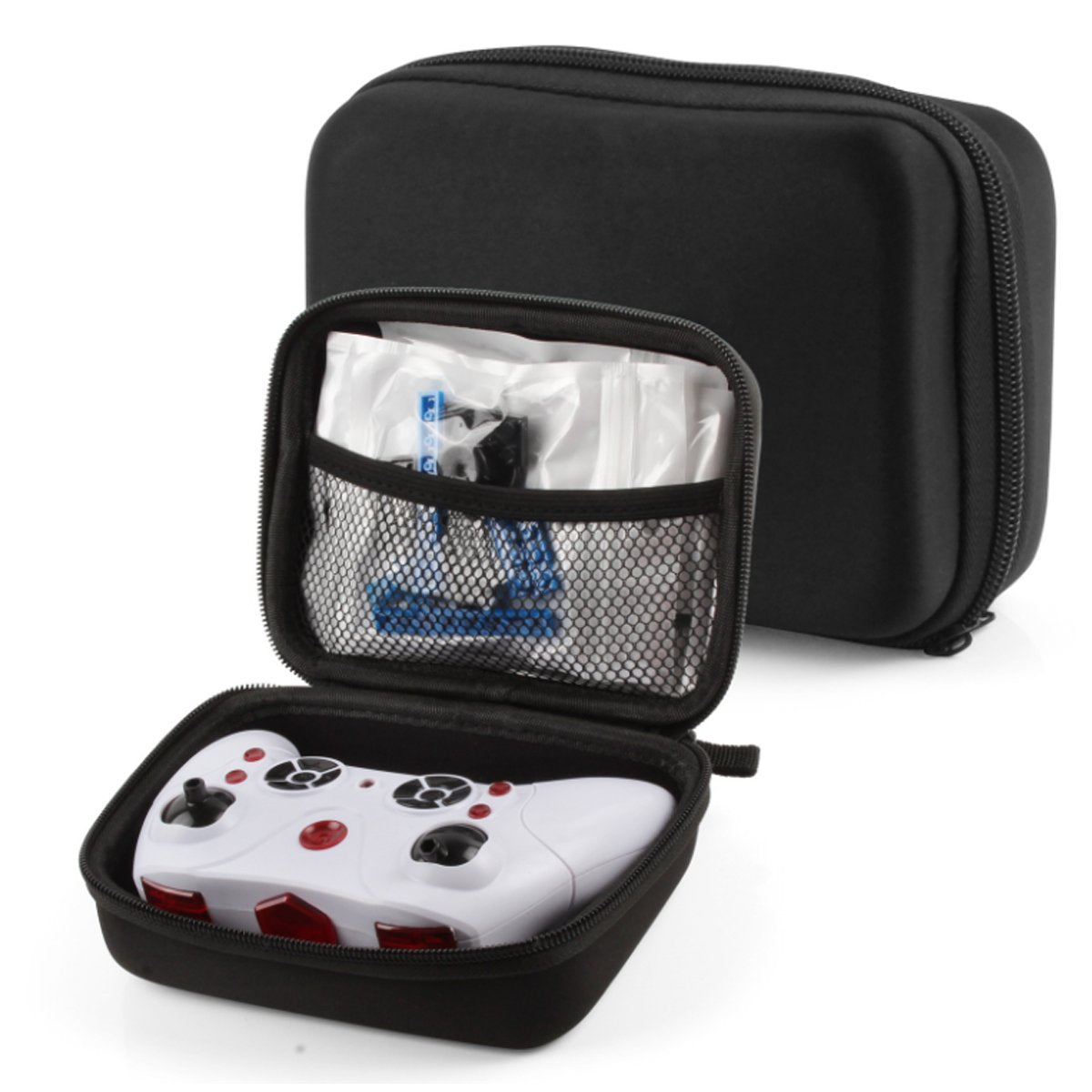 Black carrying case with a white gaming controller inside on a white background