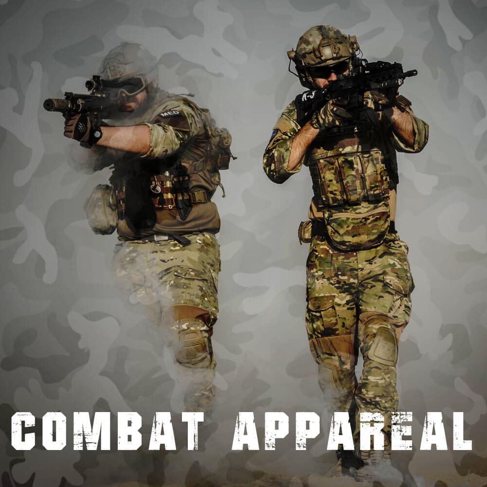 Two individuals in camouflage combat gear on a camouflage background with 'COMBAT APPAREL' text.