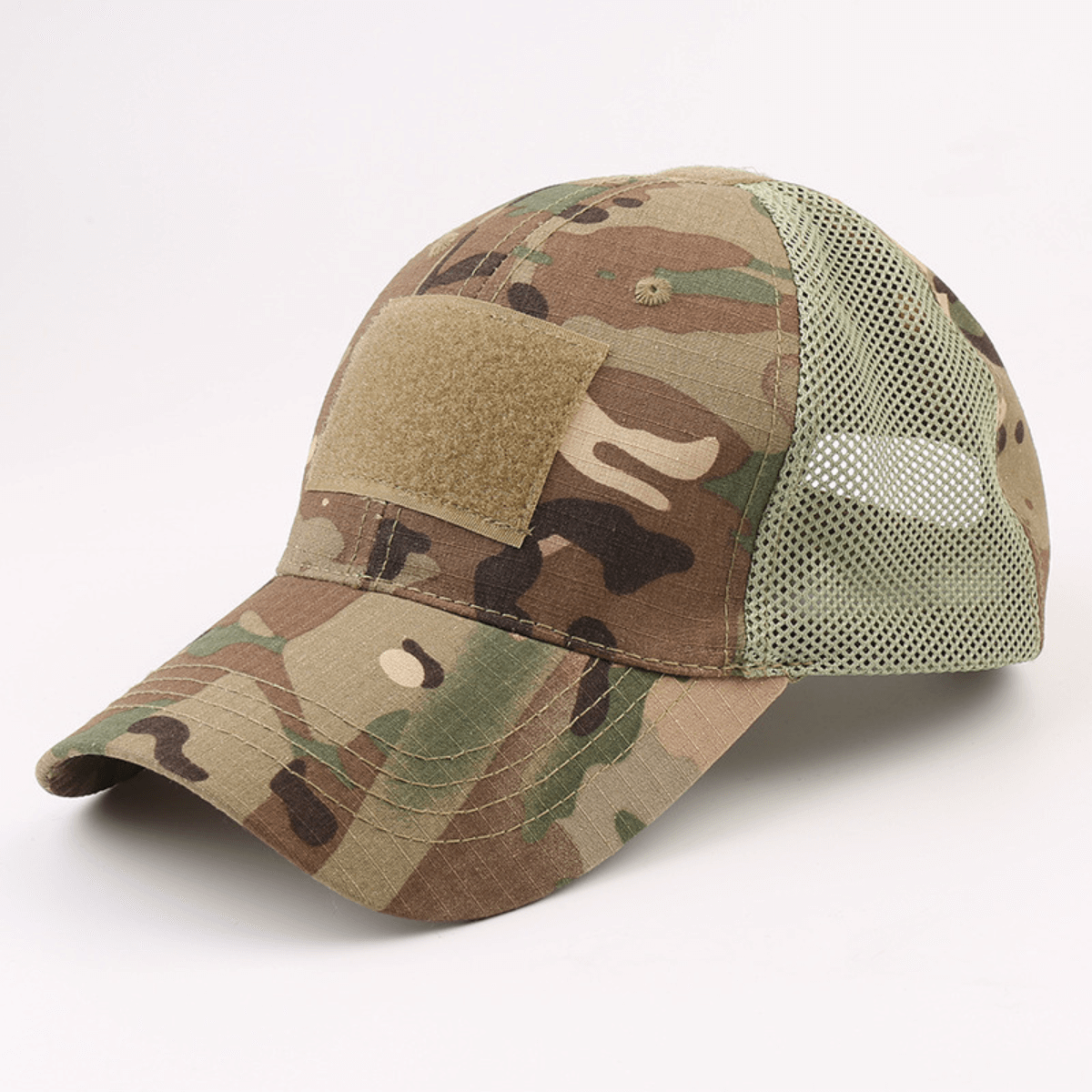 Camouflage baseball cap with mesh back on a white background