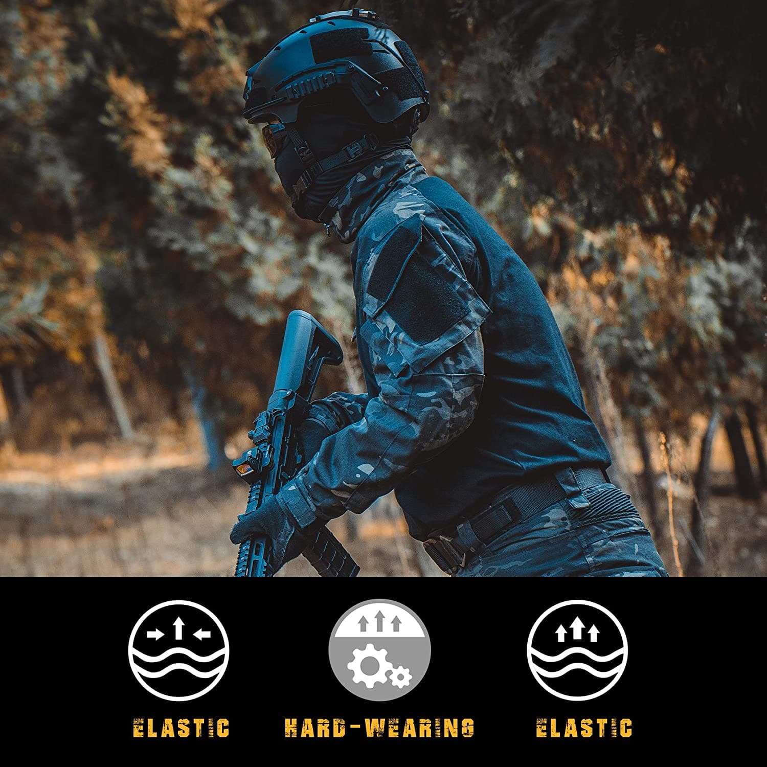 Person in tactical gear with a rifle in a forest setting, featuring text on material properties.