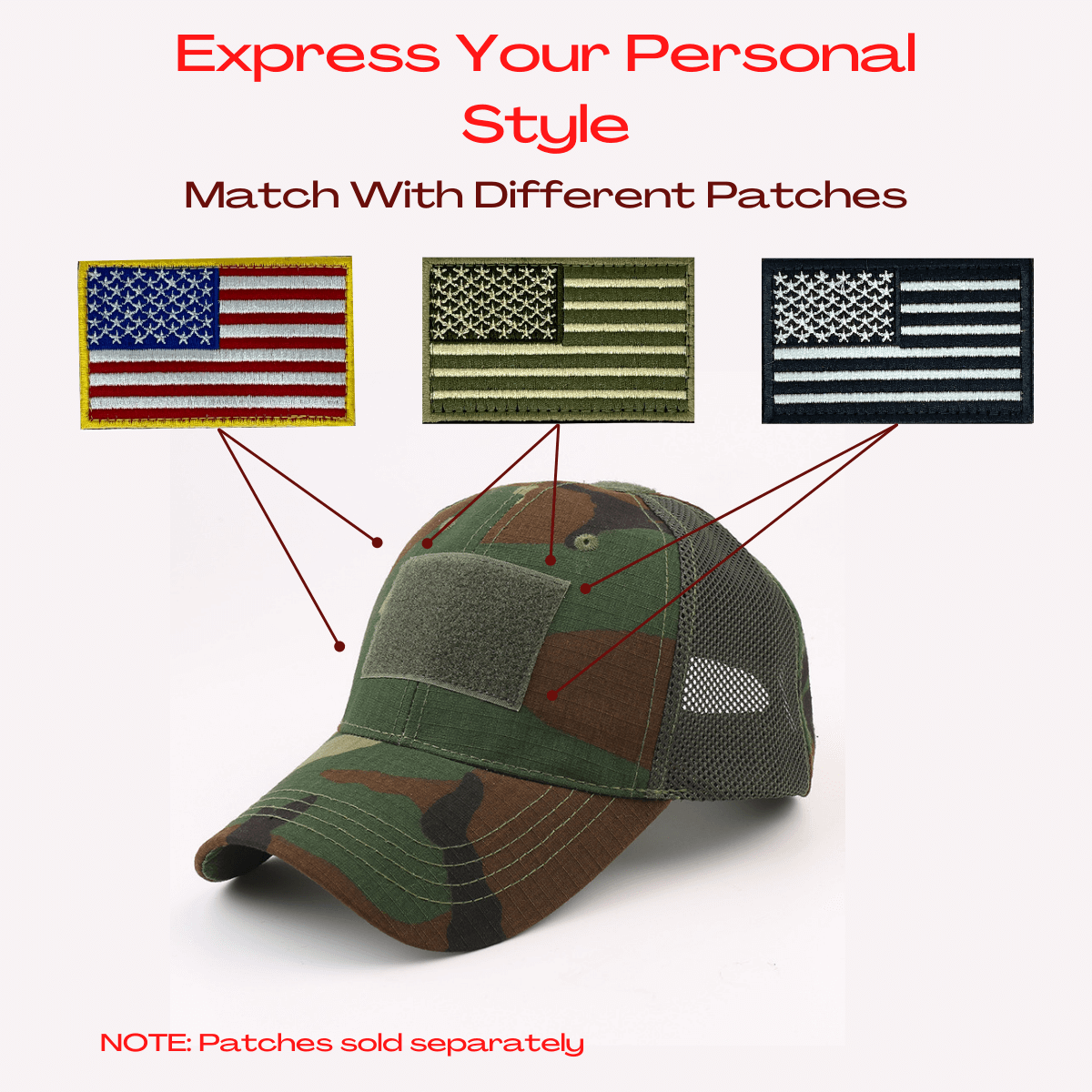 Camouflage cap with American flag patches on a white background