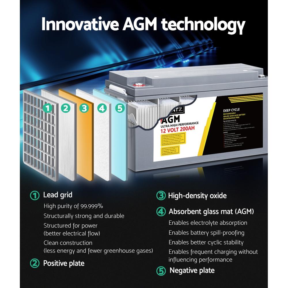 Giantz 12V 200Ah AGM Deep Cycle Battery – Solar & Off-Grid Power