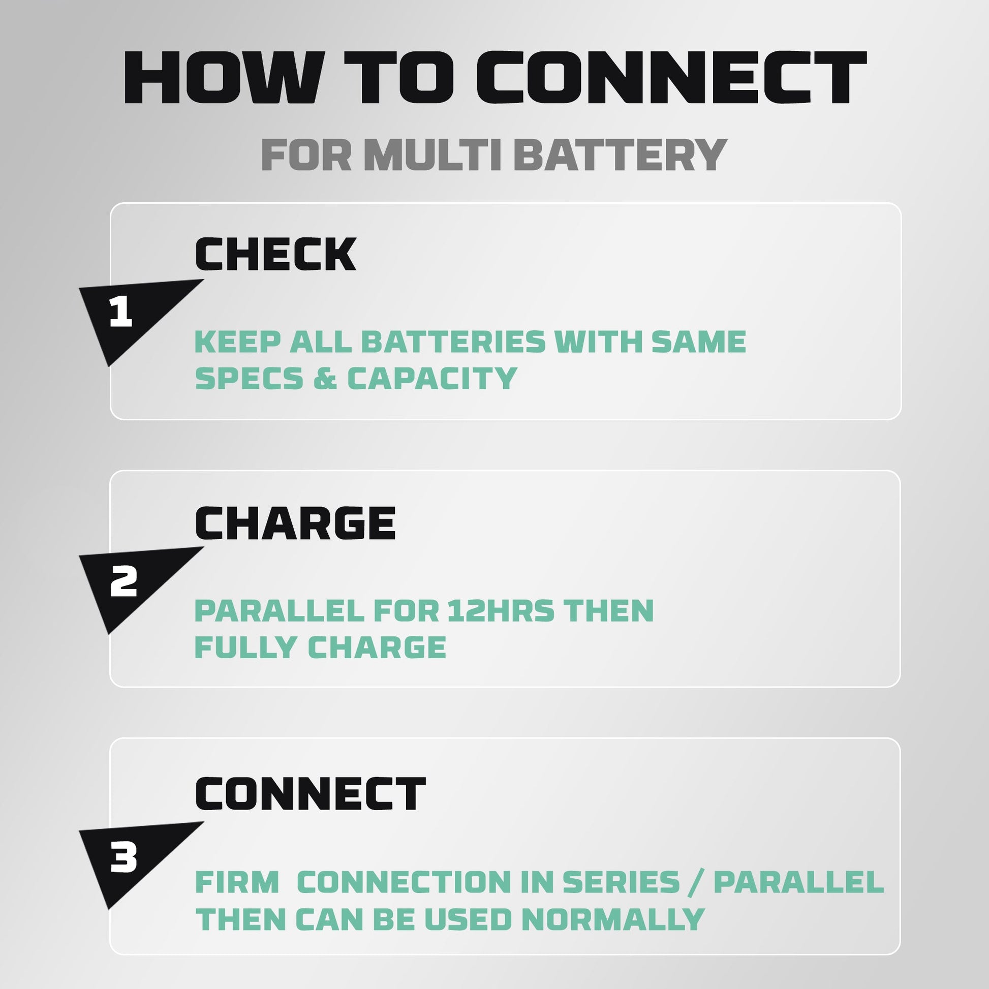 Instructions on how to connect multi batteries with text on a gray background