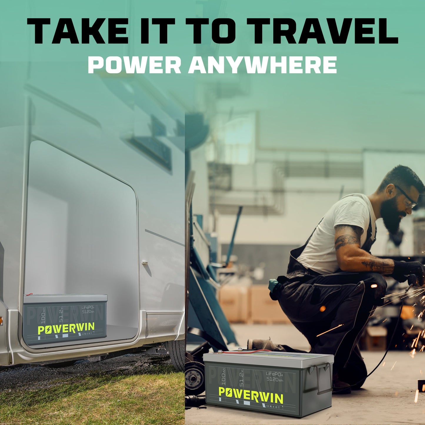 Person working on a Powerwin power unit with text 'Take it to travel, power anywhere' displayed.