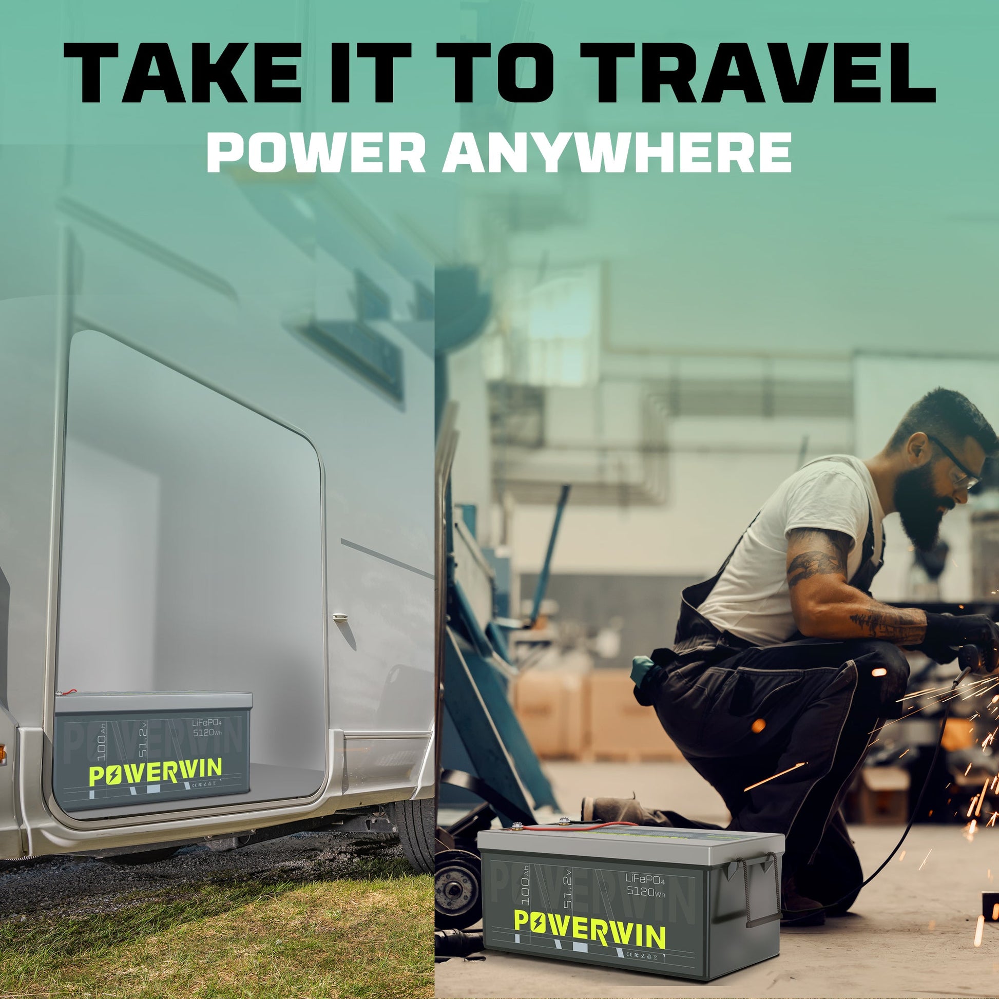 Person working on a Powerwin power unit with text 'Take it to travel, power anywhere' displayed.
