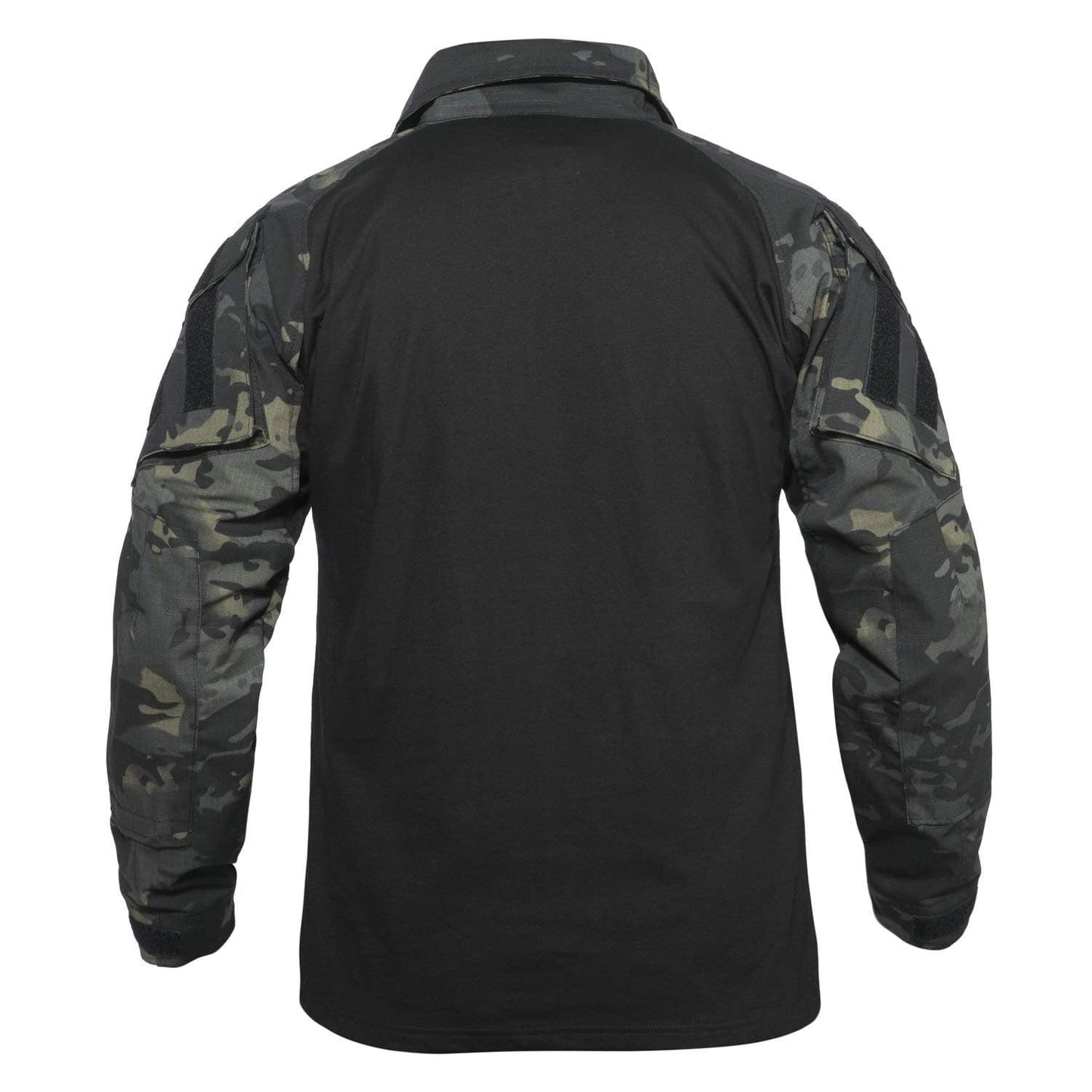 Black tactical shirt with camouflage sleeves on a white background