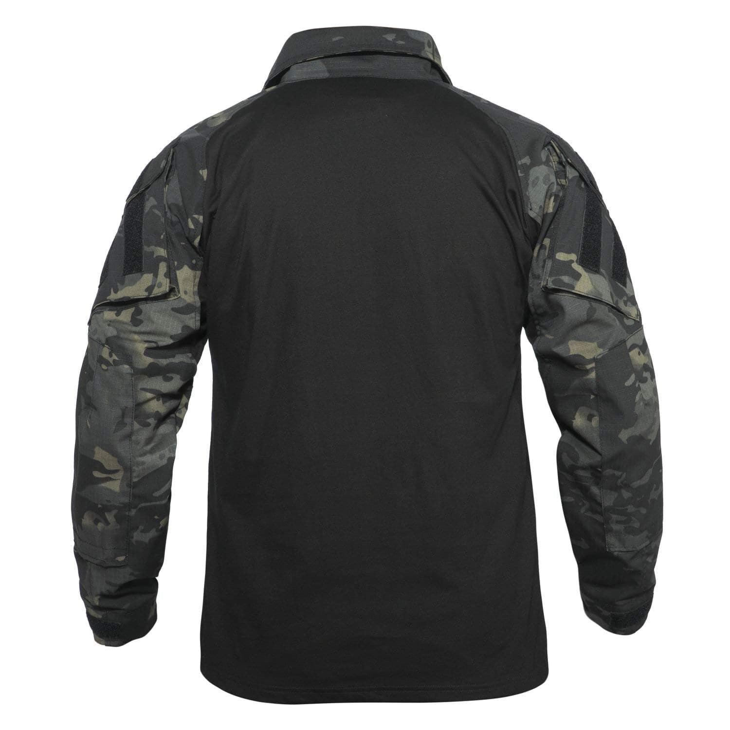 Black tactical shirt with camouflage sleeves on a white background