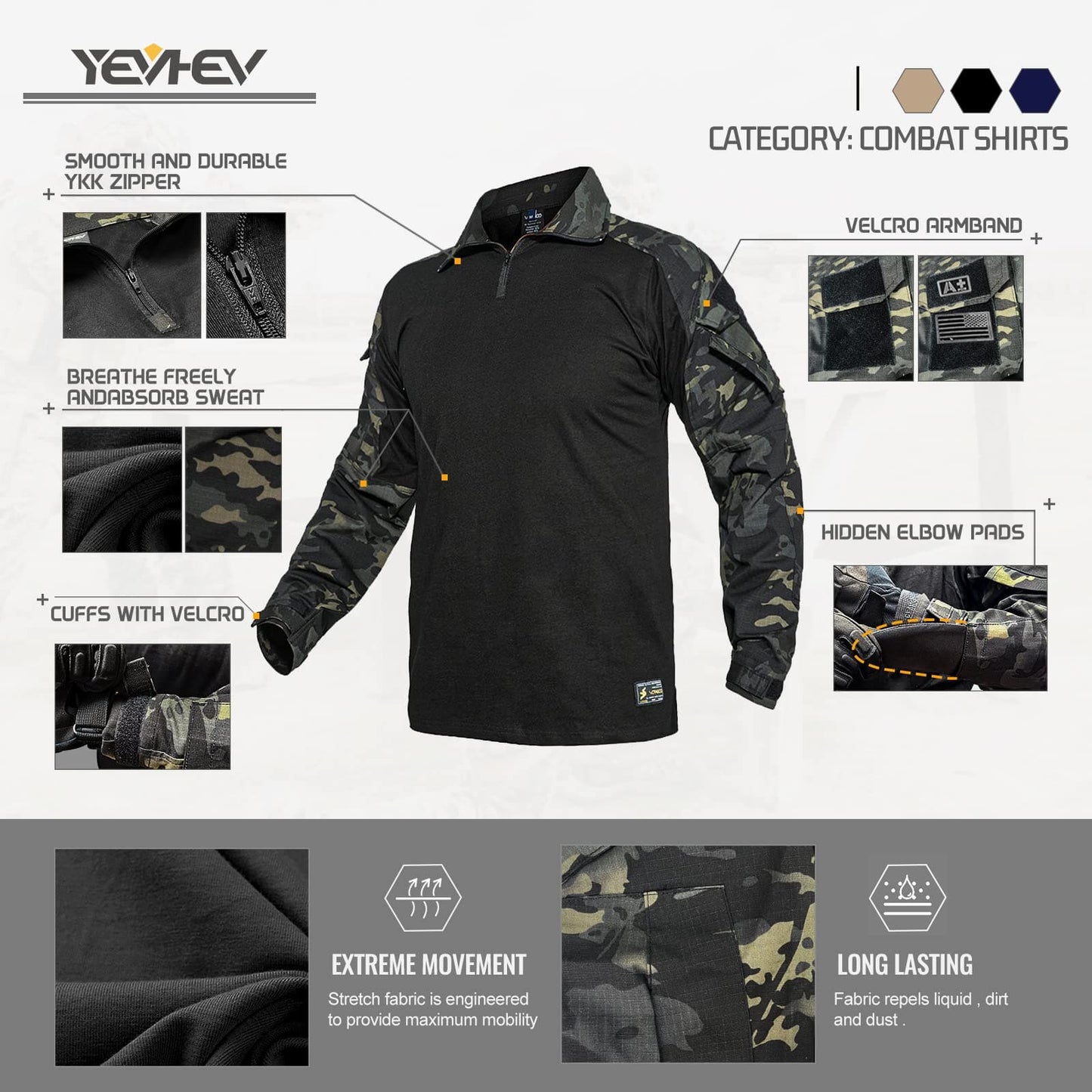 Combat shirt with camouflage pattern on a white background, featuring YeeHev branding and product features.