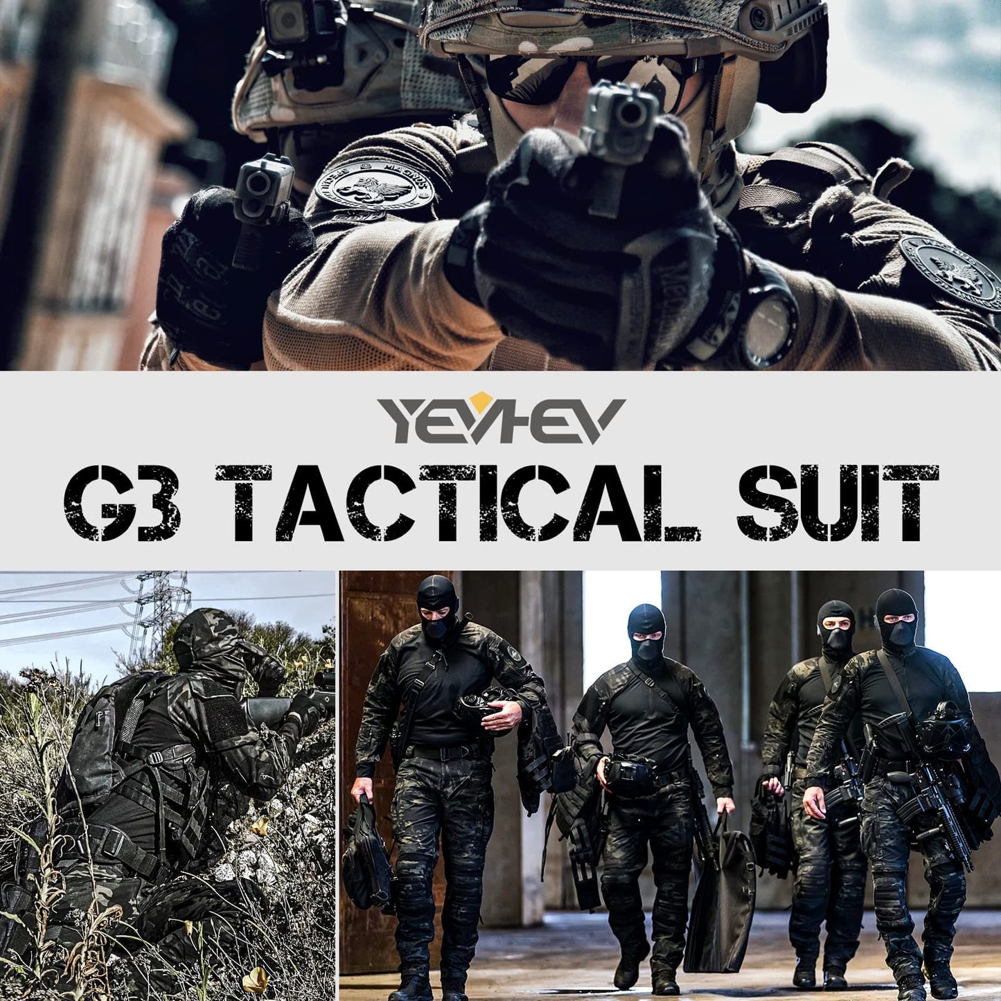 Collage of G3 tactical suit with soldiers in various settings, featuring YeeHev branding.