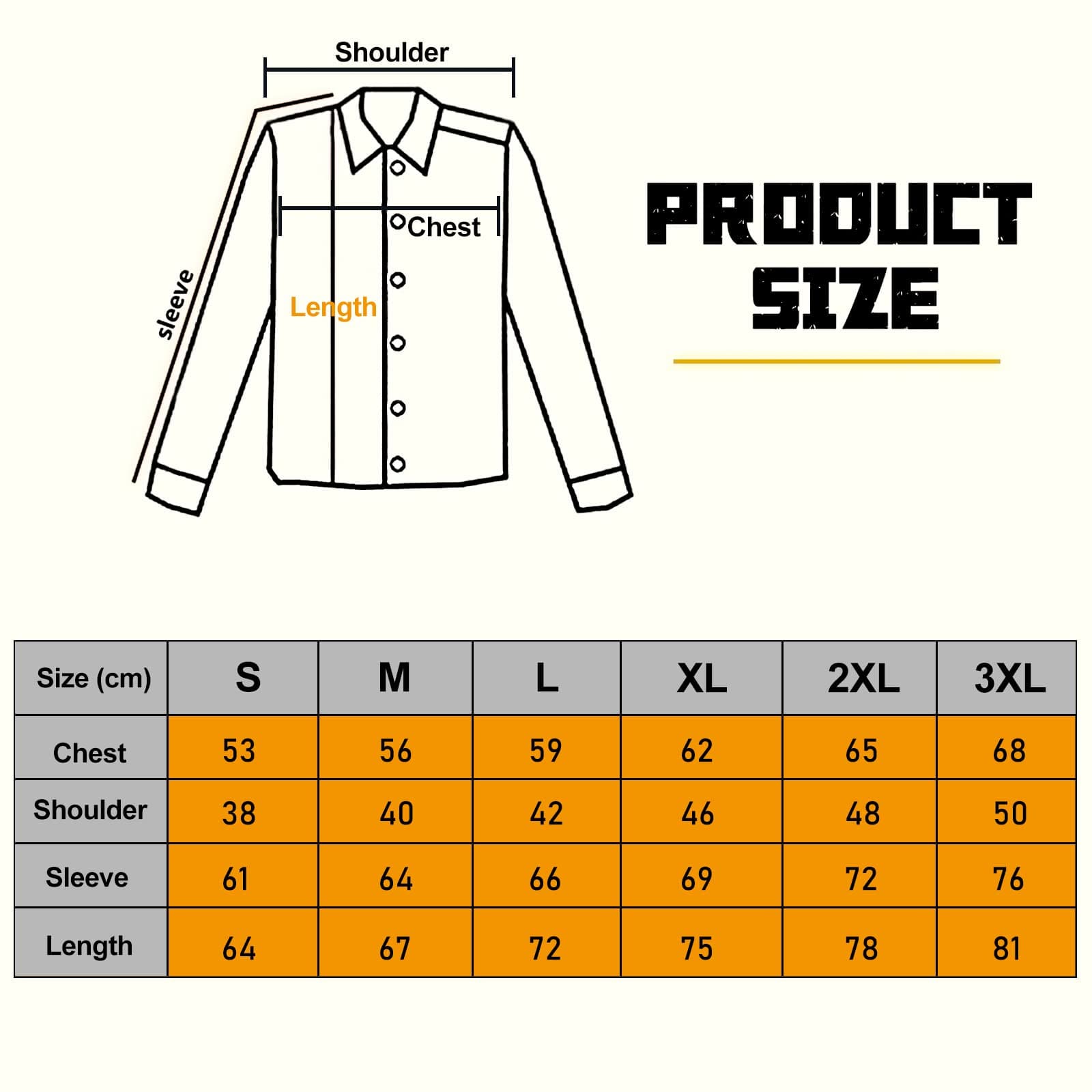Size chart for a shirt with measurements labeled on a white background