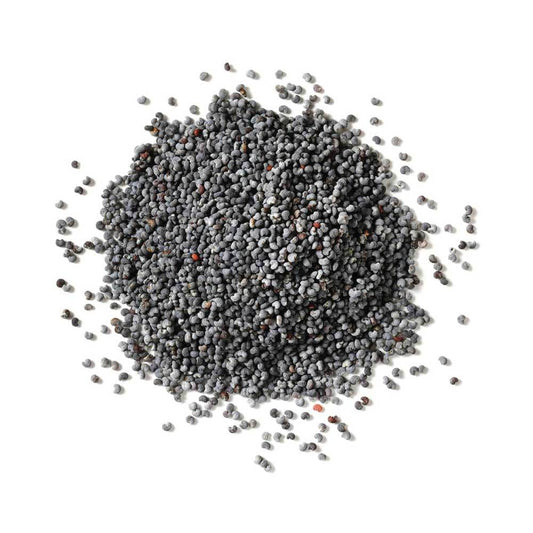 Pile of gray and black seeds on a white background