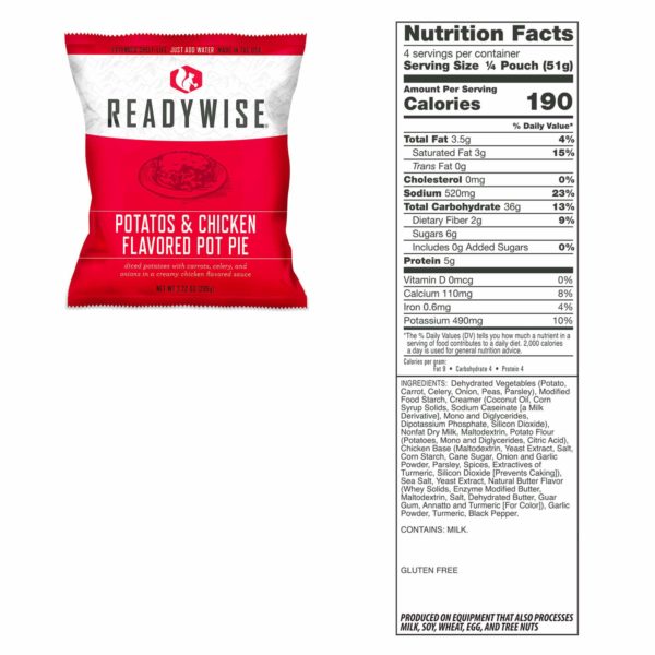ReadyWise Potatoes & Chicken Flavored Pot Pie package with nutrition label on a white background