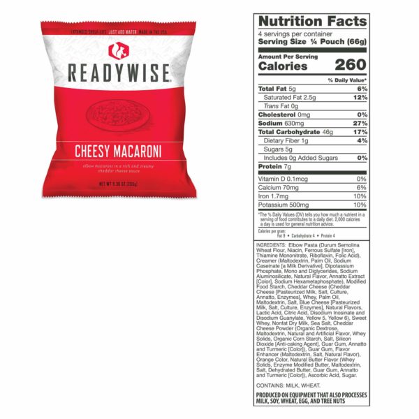 ReadyWise Cheesy Macaroni packaging with nutrition facts label on a white background