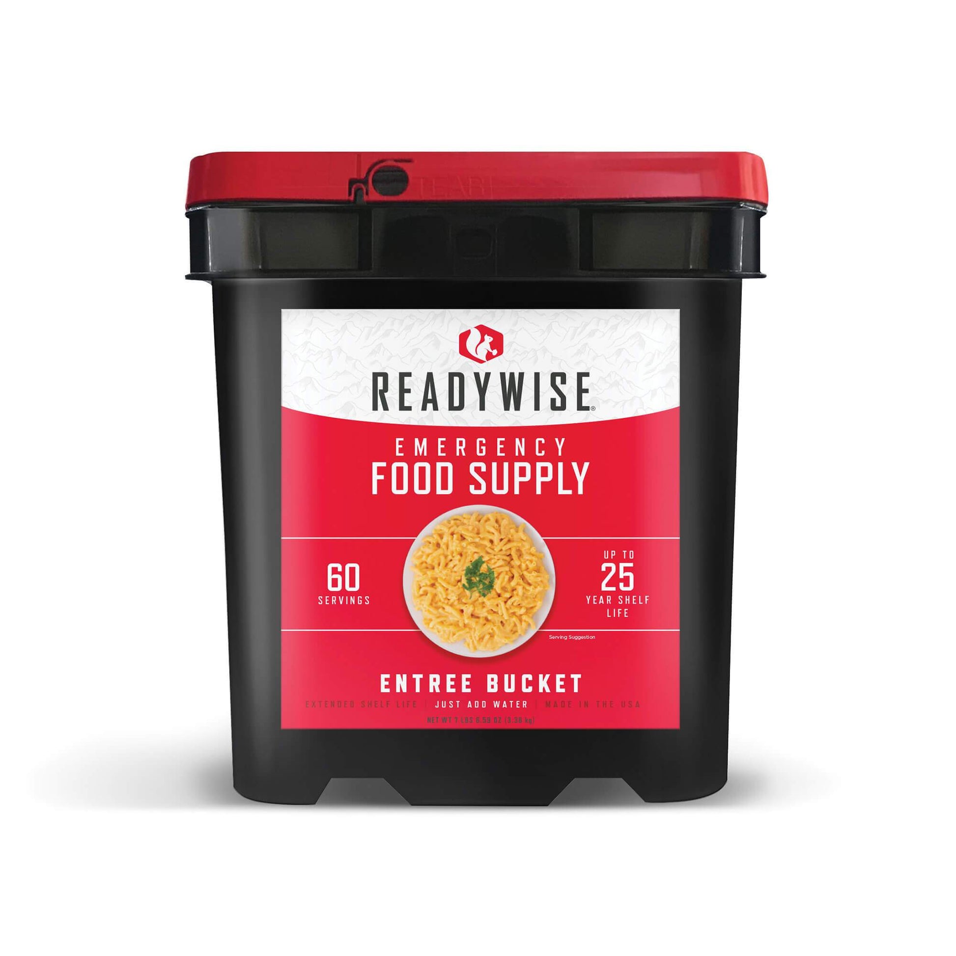 ReadyWise emergency food supply bucket with a red label on a white background