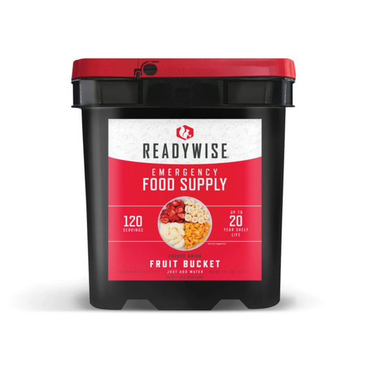 ReadyWise emergency food supply fruit bucket on a white background