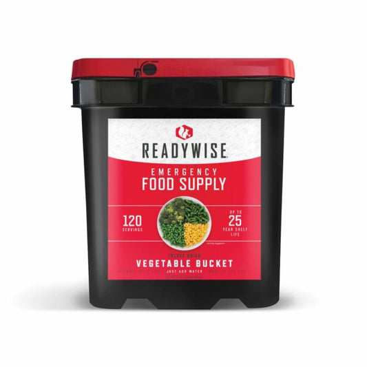 ReadyWise emergency food supply container with red lid and label on a white background