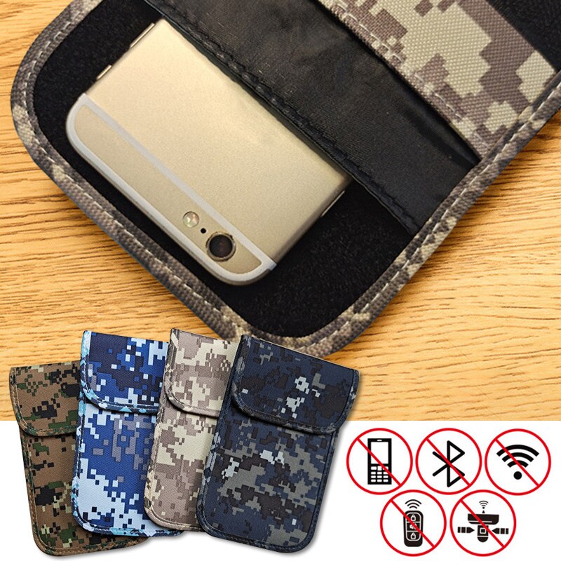 A phone pouch case shown open on a wood surface, with a gold smartphone inside. Four additional pouch color variants are displayed along the bottom, and a white panel with red prohibition icons appears in the lower right.