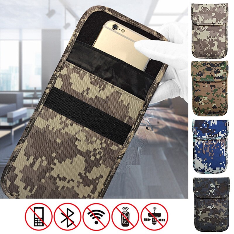 Camouflage phone case with multiple color options displayed, with icons indicating no wireless functions.