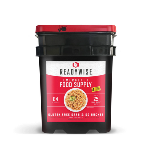 Black bucket with red lid labeled 'ReadyWise Emergency Food Supply' on a white background
