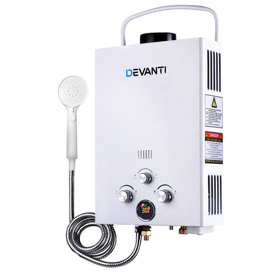 Devanti portable shower unit with handheld shower head on a white background