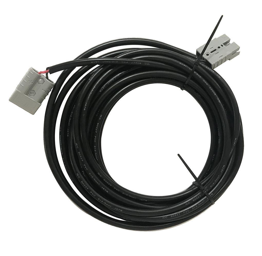 Coiled black cable with connectors on a white background