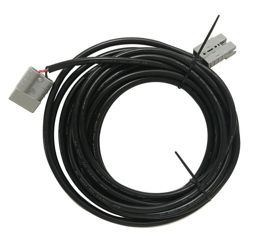 Coiled black cable with connectors on a white background