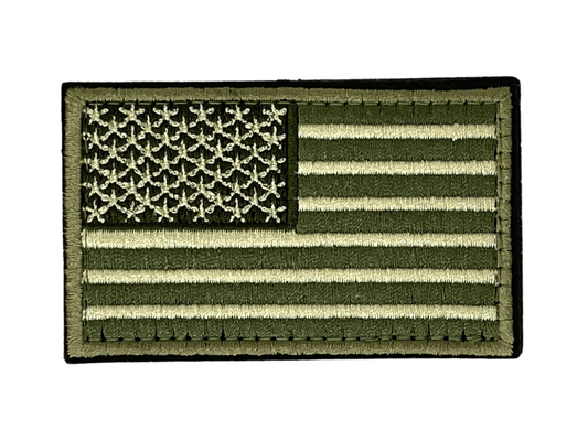 Olive green American flag patch on a white background