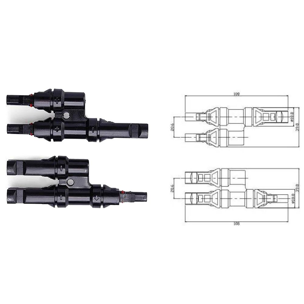 Two black connectors with their corresponding technical drawings on a white background