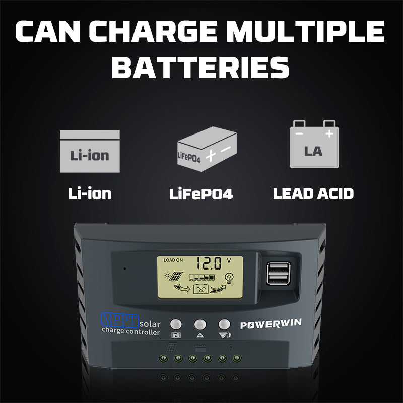Solar charge controller with text indicating it can charge multiple battery types on a black background.