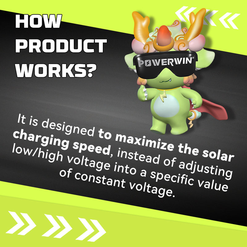 Animated character wearing a 'Powerwin' visor with text explaining product features on a green and black background.