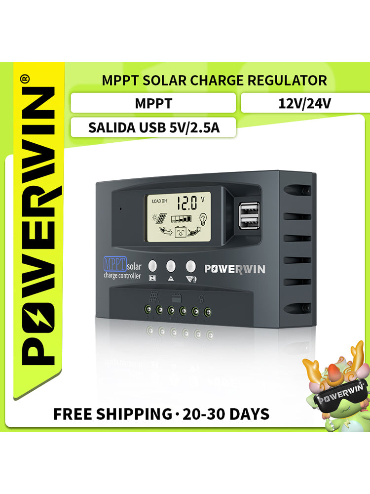 Powerwin MPPT solar charge regulator with USB output on a white background