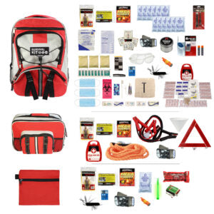 Collection of emergency supplies including a red backpack, tools, and first aid items on a white background.