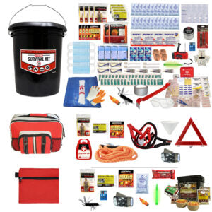 Collection of emergency survival gear including a black bucket, tools, and supplies on a white background.