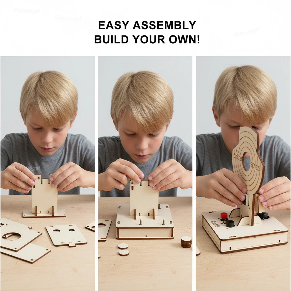 Child assembling a wooden puzzle toy with text 'Easy Assembly Build Your Own!'