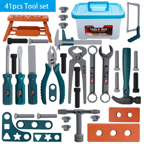 A 41-piece toy tool set arranged on a white background with a blue '41pcs Tool set' banner in the top left. The set includes a translucent blue-and-white toolbox, orange step stool, saw, pliers, wrenches, screwdrivers, hammer, nails, screws, and various metal and plastic implements.