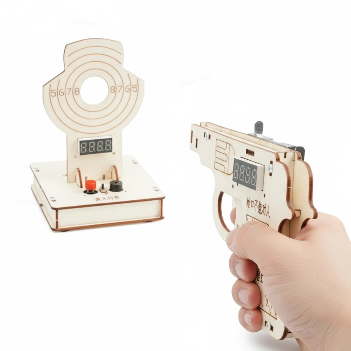 Wooden toy gun with digital display held by a hand, next to a wooden target with digital readout on a white background.