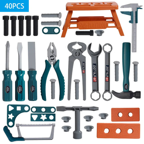 A 40-piece toy or training tool set arranged on a white background, including screwdrivers, pliers, wrenches, a hammer, calipers, a saw, brackets, and an orange folding stand.