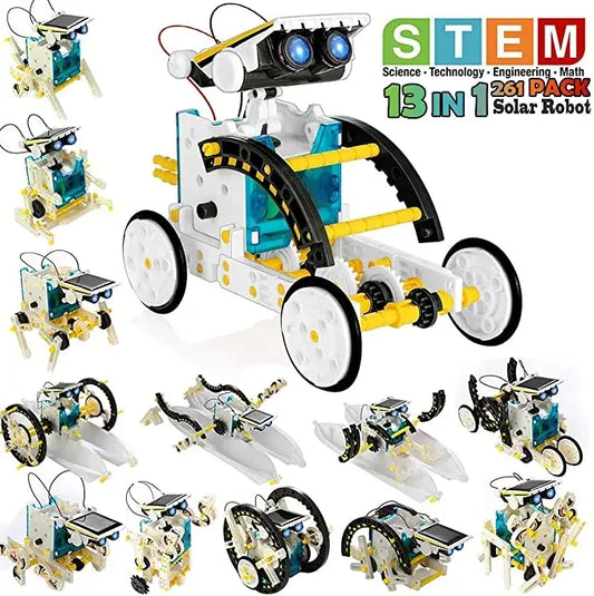 Solar robot kit with various components and 'STEM' branding on a white background