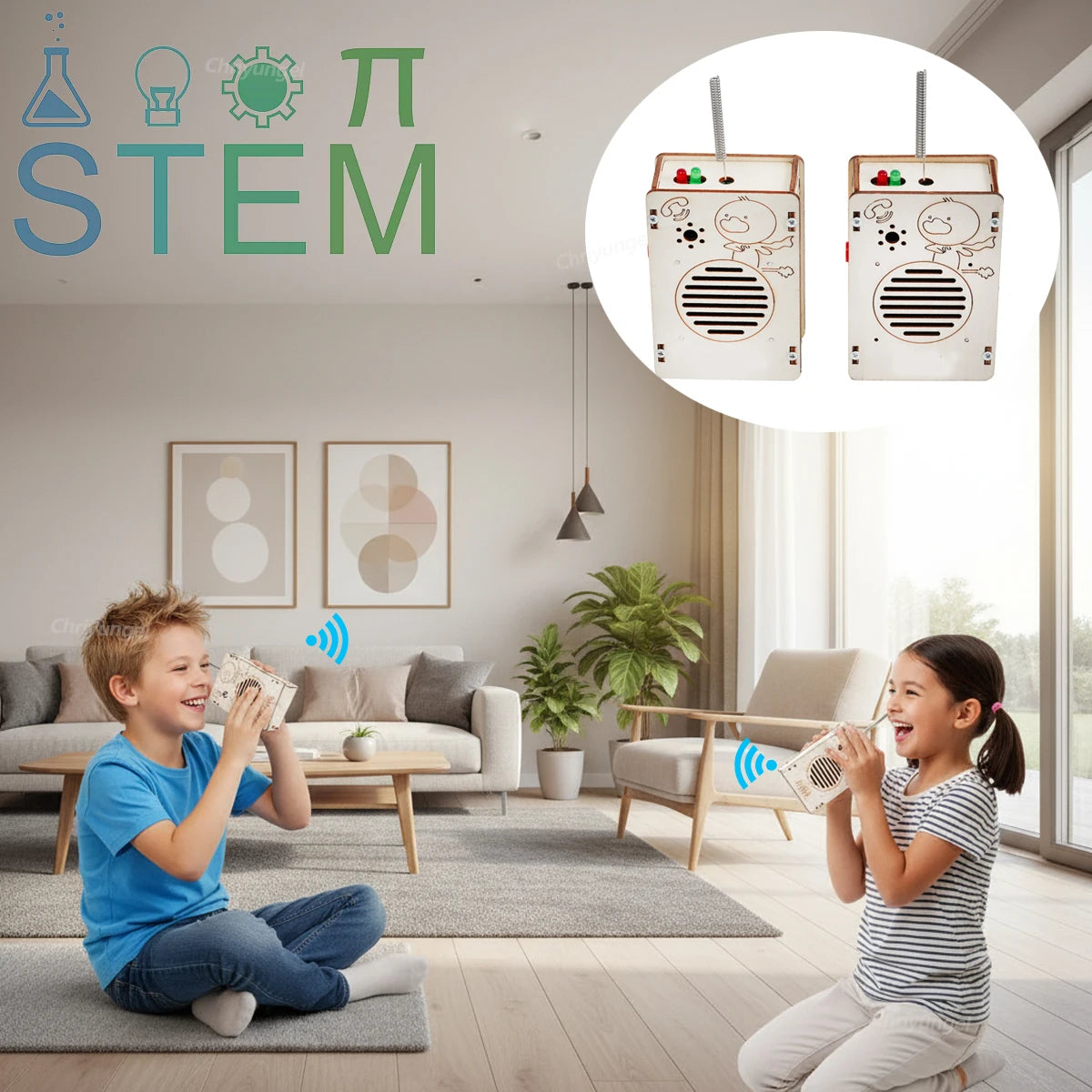 Two children playing with educational toys in a living room, with 'STEM' and toy illustrations on the wall.