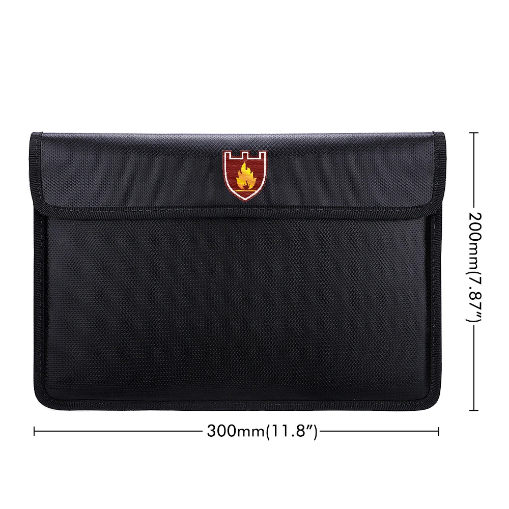 Black textured laptop sleeve with a small shield logo on the flap, shown with dimension lines indicating 300mm (11.8") width and 200mm (7.