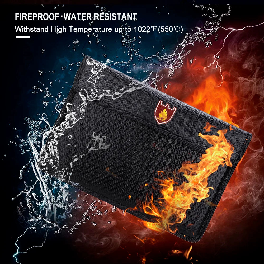 A black fireproof water-resistant pouch shown diagonally with text overlays highlighting its flameproof and waterproof capabilities. The pouch features a small red shield logo with a yellow flame on the front.