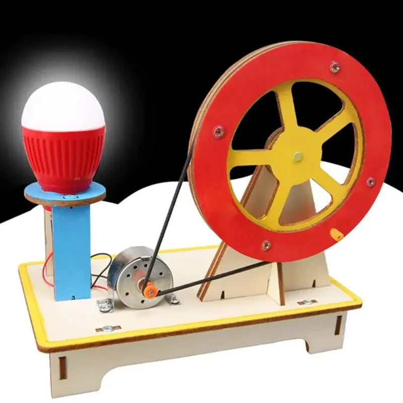 Simple machine model with a red wheel, blue stand, and white bulb on a black background