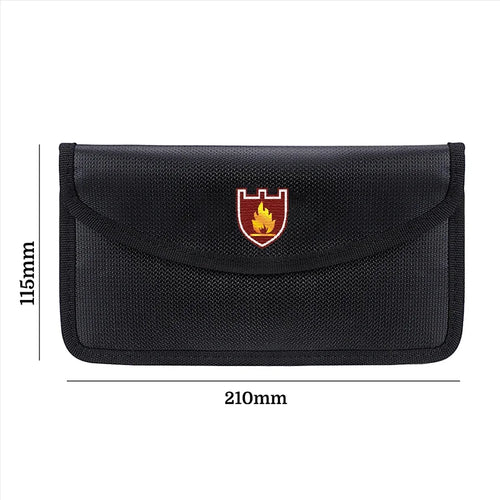 Black textured fabric pouch with a curved flap and a small shield emblem featuring a red border and yellow flame, shown with dimension lines indicating 115mm height and 210mm width on a white background.