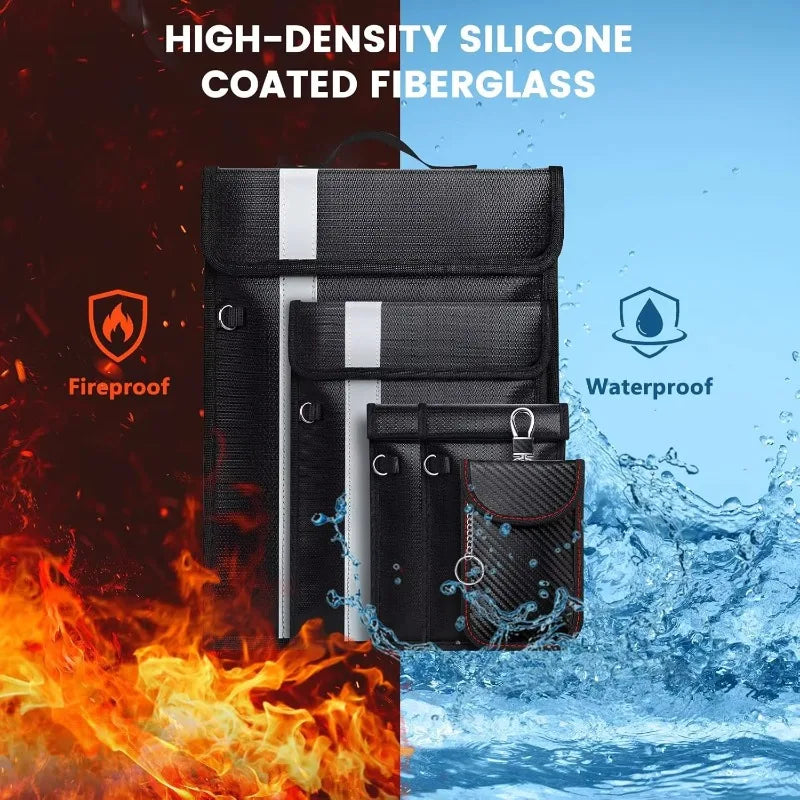 Black pouch with fireproof and waterproof features on a background with flames and water.
