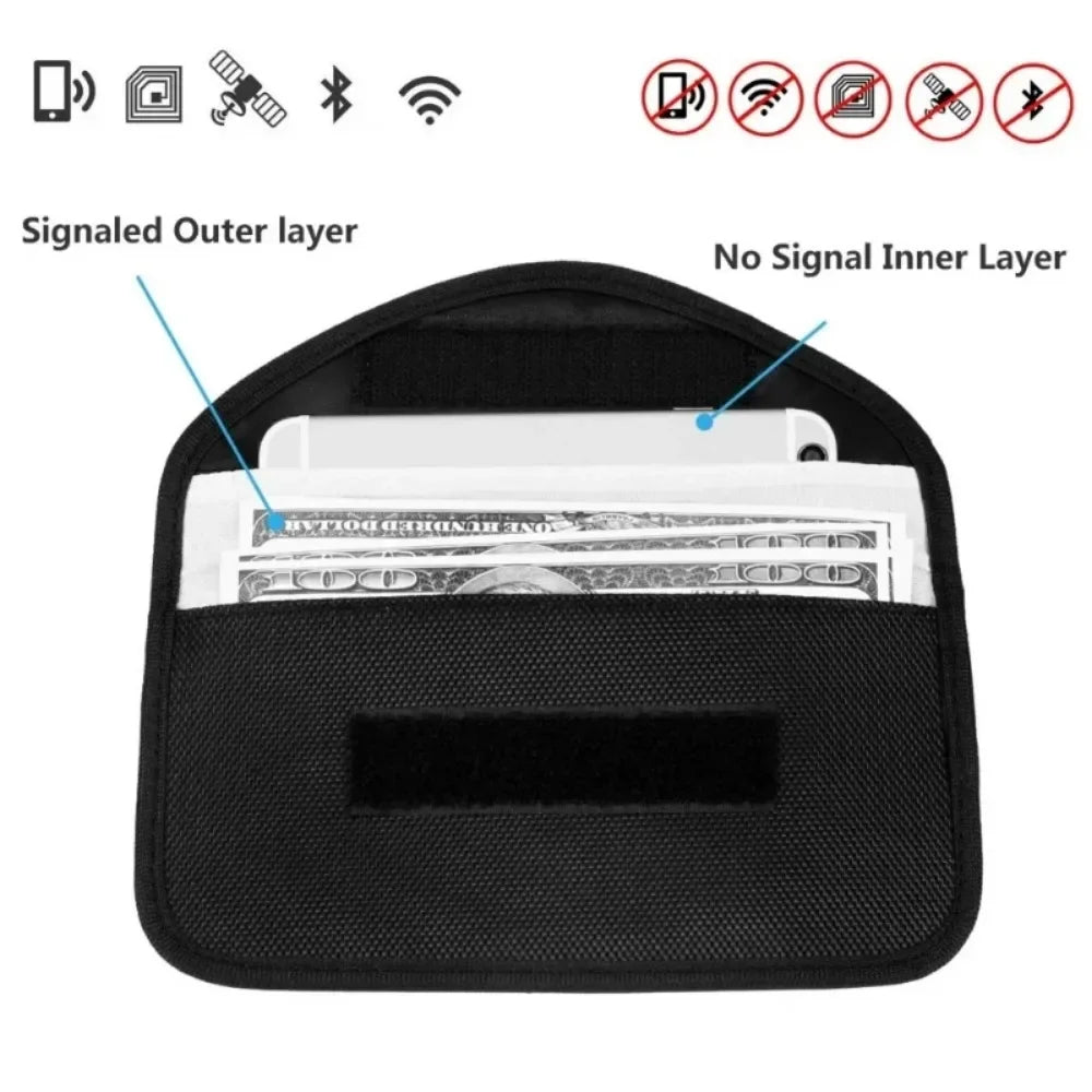 Black pouch with labeled layers for signal-blocking technology, showing money and cards inside.