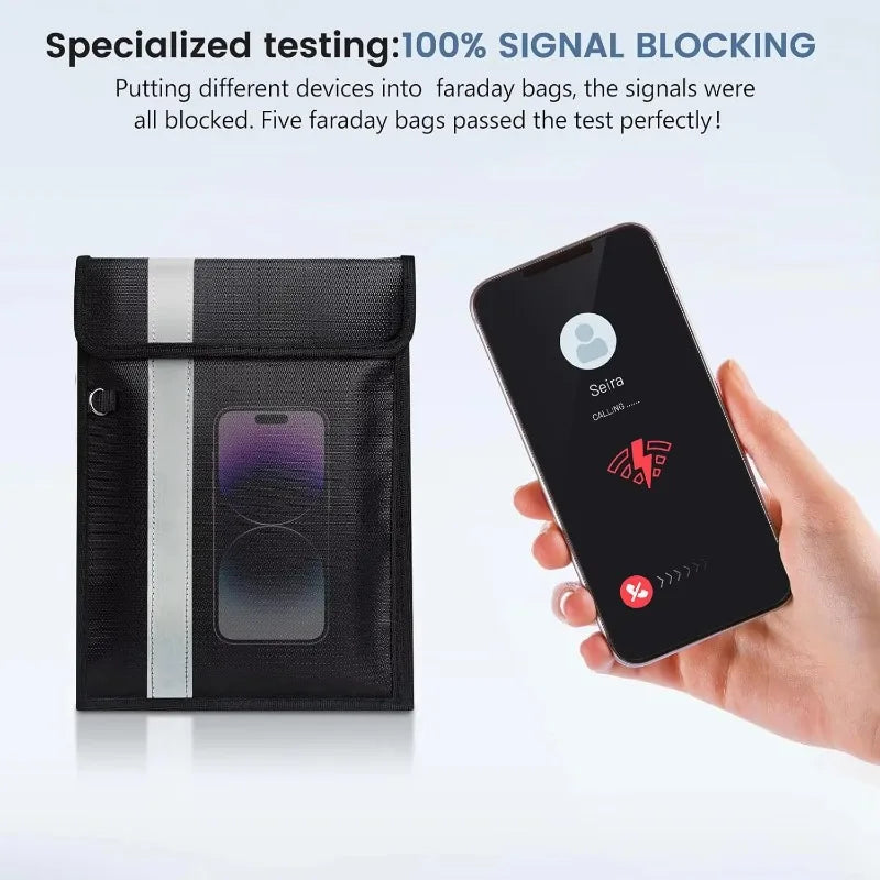A black textured faraday bag with a reflective silver vertical stripe and a clear window showing a phone inside, shown next to a hand holding a black smartphone displaying a call screen. Text at the top reads 'Specialized testing: 100% SIGNAL BLOCKING'.