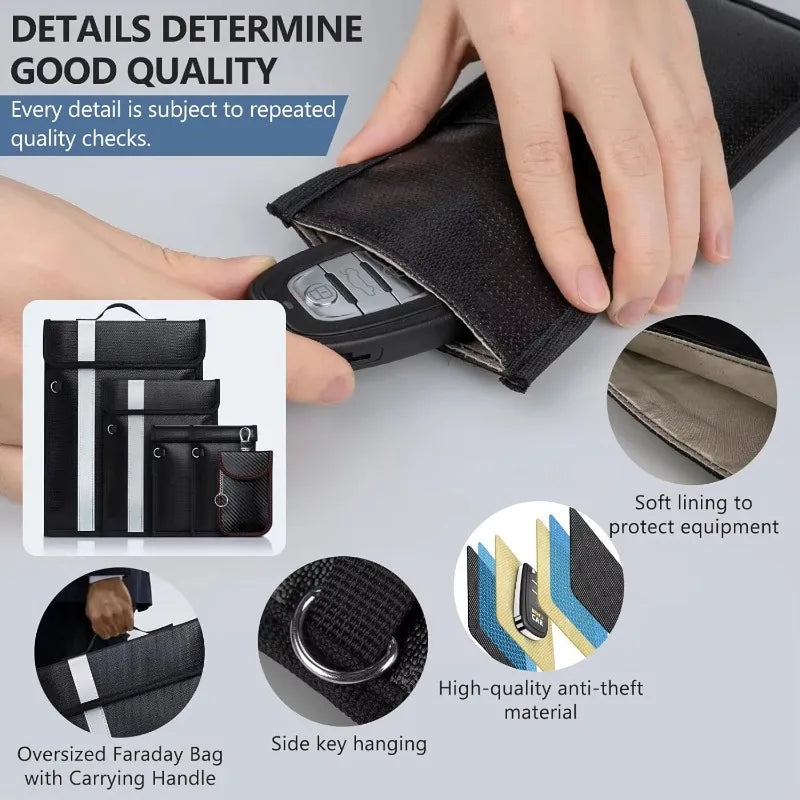 Black fabric Faraday bag shown being opened by two hands, with text and inset detail circles highlighting features such as soft lining, anti-theft material, side key hanging, and carrying handle.