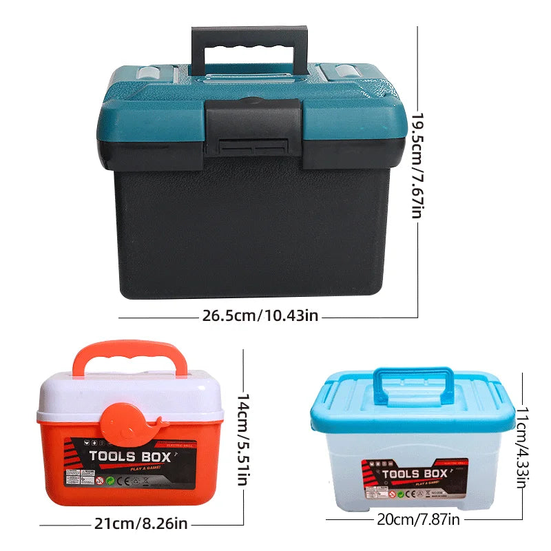 Set of three toolboxes with measurements on a white background