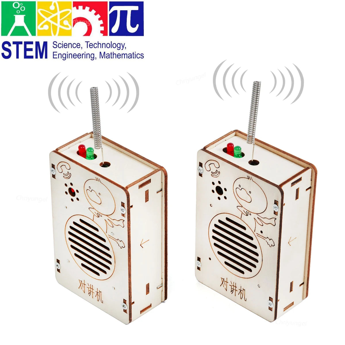 Two wooden walkie-talkies with antennas on a white background, featuring STEM education logos.